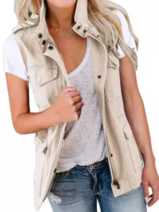 Women casual solid color utility vest sleeveless zip up pocket cargo jacket outerwear