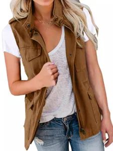 Women casual solid utility vest pockets sleeveless zip up lapel jacket outerwear fashion