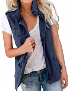 Women casual navy blue utility vest with multi pockets and zipper closure for daily wear.