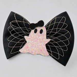 Halloween ghost hair bow with glitter design and gold web detail for festive pet and party styling