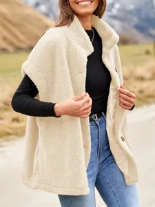 Women solid color stand collar sherpa vest, warm sleeveless jacket for casual winter wear.