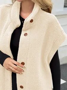 Women solid color stand collar sherpa vest, sleeveless fleece waistcoat, detail view.