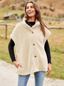 Womens Solid Color Stand Collar Warm Sherpa Vest Single-Breasted Sleeveless Pocket Outerwear