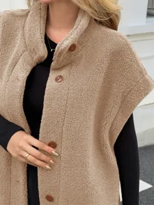 Womens casual stand collar fleece vest camel sleeveless button down outerwear detail cozy warm top