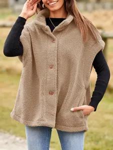 Women's solid color fleece stand collar warm vest single breasted sleeveless pocket coat detail