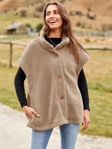 Womens casual fleece sherpa vest solid color mock neck sleeveless outerwear with pockets.