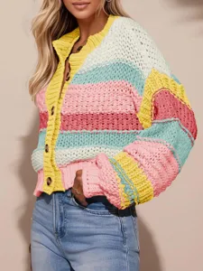 Femme pull gilet grossier en maille multicolore manches longues boutons mode automne chic