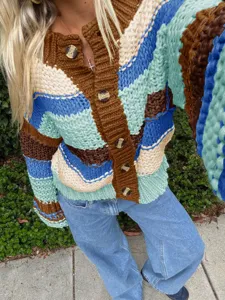 Cardigan pull en tricot épais rayé pour femme boutons blocs de couleurs vue détaillée.