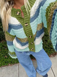 Cardigan femme en tricot epais bloques de couleurs manches longues automne manteau