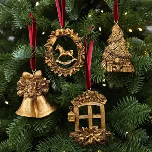 Gold retro resin Christmas ornaments detail view, vintage tree hanging pendants set decor.