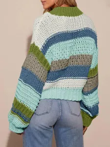 Pull en tricot épais rayé à blocs de couleur pour femme haut décontracté d'automne manches longues
