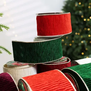 Cintas de terciopelo plisado con borde metálico para decoración navideña DIY y envolver regalos.