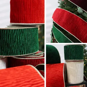 Cinta de terciopelo con borde de alambre dorado plisado Navidad DIY decoración chic