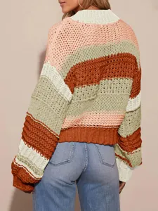 Vue arrière détail du pull à manches longues rayé colorblock en maille épaisse pour femmes