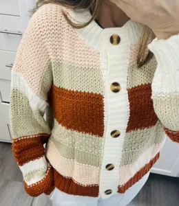 Cardigan pull femme automne rayé colorblock grosse maille boutonné manches longues