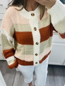 Femme cardigan pull en maille grosse rayures, haut manches longues boutons bloc de couleur.