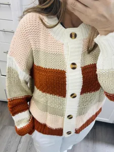 Cardigan Femme Maille Epaisse Raye Manches Longues Bloc De Couleur Pull Boutonne