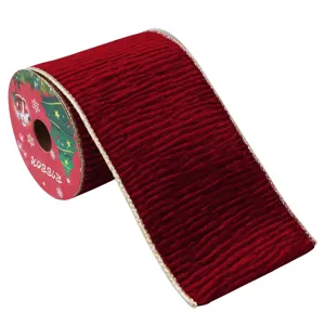 Cinta de terciopelo plisado rojo con borde dorado de alambre rollo para decoración navideña