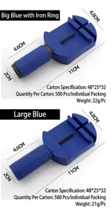 Watch link remover detail view showing dimensions and sturdy blue plastic handle with steel pin.