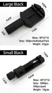 Detailed view of black watch link remover tools with size dimensions for repair.