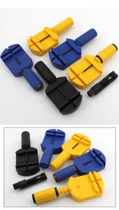 Detailed view of watch link remover tool set, steel strap adjustment and repair kit in multi colors.