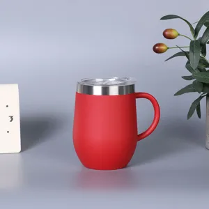 Rvs 12oz vacuüm geïsoleerde eivormige mok met handvat en deksel voor warme drank.