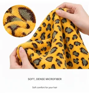 Microfiber hair towel detail shot, showing ultra-soft thick fabric texture and leopard print.