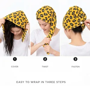 Leopard microfiber hair drying towel cap quick dry wrap for long hair with button fasten