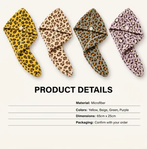 Microfiber leopard print hair drying cap detail view, soft absorbent quick-drying turban towel.