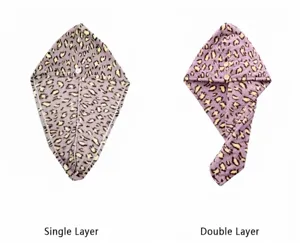 Leopard print microfiber dry hair cap detail showing single and double layer absorbent wrap.