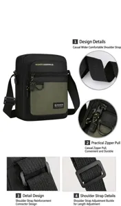 Close-up details of men casual crossbody bag adjustable wide strap and smooth zipper.