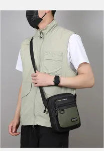 Men casual crossbody bag, black green color block, daily commute outdoor shoulder bag.