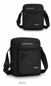 Detailed view of the black men's casual crossbody bag, featuring durable fabric and multi-pockets.