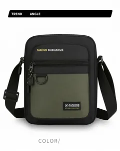 Detailed front view of men casual nylon crossbody bag with zipper pockets and color block.