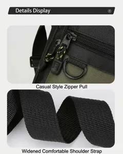 Men's casual crossbody bag detail view showing durable zipper pulls and comfortable wide shoulder straps.