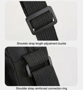 Shoulder bag detail close-up showing adjustable strap buckle and durable connector ring.