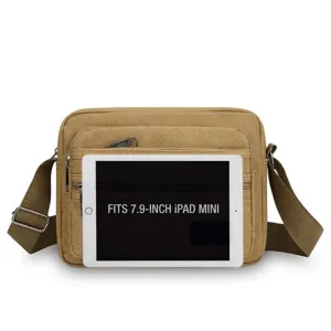 Mens canvas messenger bag multi-pocket crossbody bag casual business shoulder bag khaki