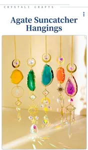 Natural agate suncatcher hanging detail view, premium crystal prism brass charm window decor.