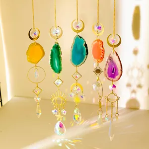 Natural Agate Slice Sun Catcher Wind Chime Hanging Pendant Handmade Crystal Prism Rainbow Maker For Home Garden Window Decor