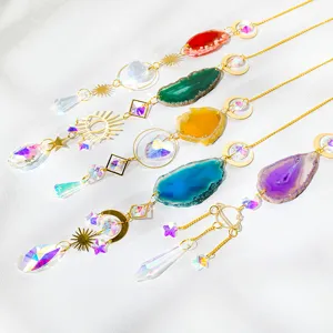 Natural agate suncatcher crystal prism wind chime hanging window garden decor pendant ornament