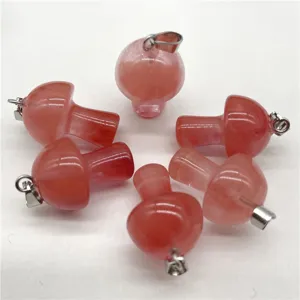 Natural crystal stone mini mushroom pendant detail view, crystal jewelry DIY accessory.