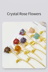 Crystal resin rose flower detail view, colorful gemstone filling with gold stem home decor.