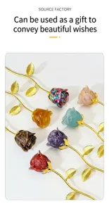 Crystal stone epoxy resin rose flower detail with gold stem and leaves for home decor gift.