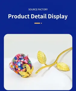 Crystal stone resin rose flower detail view, golden stem decor ornament for home gift.