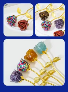Close up of crystal chipped stone resin rose flower detail, gold stem home decor ornament.