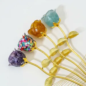 Natural Crystal Crushed Stone Epoxy Rose Flower Home Decor Romantic Valentine Day Gift Resin Craft Ornament