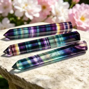 Ornement de baguette à pointe unique hexagonale en cristal de fluorite arc-en-ciel.