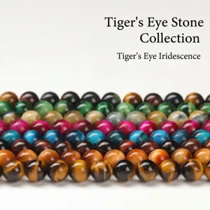 Vue detaillee en gros plan de perles de pierres precieuses oeil de tigre colorees.