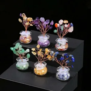 Arbre d'argent en cristal naturel ornement pierre précieuse vase en verre décor