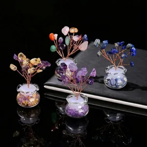 Arbre à argent en cristal naturel, vase en verre de pierres précieuses, décoration.